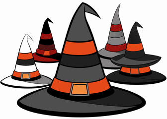 Collection of Cartoon Witch Hats in Various Colors and Styles for Halloween Celebrations and Decorations