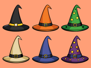 Colorful Array of Cartoon Witch Hats for Halloween Celebrations and Spooky Season Decorations Six cartoon