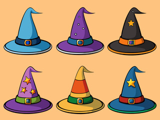 Collection of Six Colorful Cartoon Witch Hats for Halloween Costume or Decoration on Light Green Background