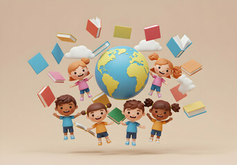 Children engaging with globe and books
