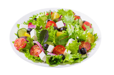 plate of salad with fresh vegetables and feta cheese isolated on transparent background