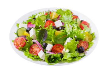 plate of salad with fresh vegetables and feta cheese isolated on transparent background