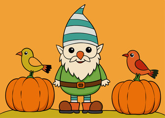 Cartoon Gnome with Birds and Pumpkins on an Orange Background a Whimsical Autumn Illustration cute