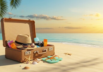 Open Suitcase Ready for Summer Vacation on the Beach. Generative Ai