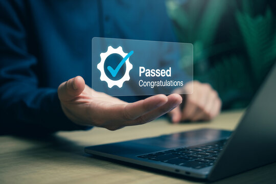 Hand holding transparent digital certificate displaying passed with congratulations for success - Powered by Adobe
