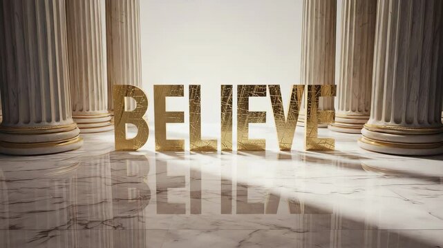 Inspirational golden text believe surrounded by elegant pillars in a serene setting