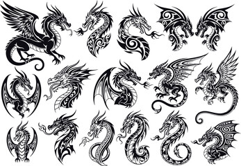 Tribal Dragon Tattoo Vector Set - Mythical Creature Illustrations