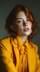 Fashion Photography.Vibrant portrait of a woman with red hair and freckles, accentuated by a bold yellow outfit. A study in color and natural beauty.