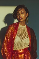 Fashion Photography.Sultry fashion portrait of a woman with bright orange ensemble and gold jewelry. Dramatic lighting. Intense green eyes.