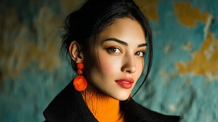 Fashion Photography.Elegant woman wearing orange earrings and turtleneck. A portrait against textured wall, highlighting her beauty and simple yet stylish attire.