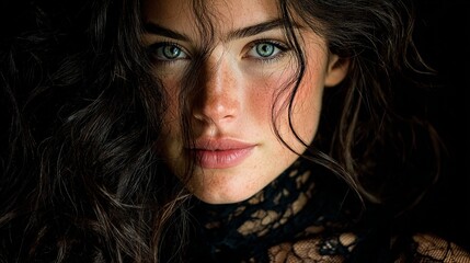 Fashion Photography.Intimate portrait captures a striking woman with captivating eyes, freckled skin, and flowing dark hair, against a backdrop of darkness.
