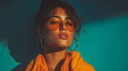 Fashion Photography.A young woman with freckles and stylish orange tinted eyewear poses with a blue backdrop and soft sunlight highlighting her features.
