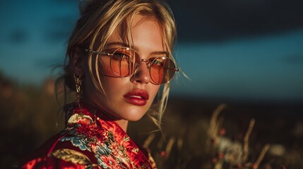 Fashion Photography.Blonde model gazes intently, sporting round glasses & floral jacket, against a serene twilight backdrop. Timeless elegance captured.