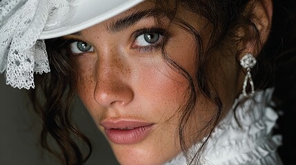 Fashion Photography.Alluring woman with light eyes, freckles, and curly hair wearing a lace hat and dangling earrings. Elegant portrait.