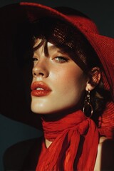 Fashion Photography.Striking portrait of a woman in a red hat and scarf, captured in dramatic light.  Elegance and allure emanate from her gaze and style.