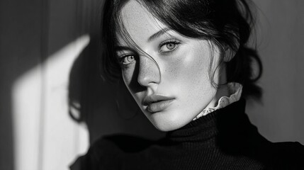 Fashion Photography.Monochrome portrait of a fair-skinned woman with freckles and dark hair in natural lighting and shadows against a plain background.