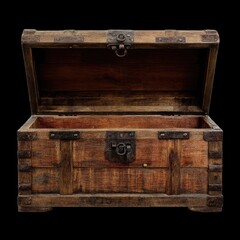 Rustic Wooden Chest with Open Lid and Vintage Metal Hinges