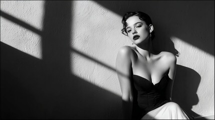 Fashion Photography.Classic beauty: Woman in black and white portrait with old Hollywood glamor, leaning against a wall with dramatic light and shadows.