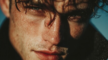 Fashion Photography.Intense close-up of a man's face with sweat droplets, capturing emotion and depth in chiaroscuro lighting.