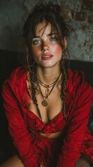 Fashion Photography.Intense portrait of a young woman with braids, freckles, and striking blue eyes, dressed in a red outfit in an indoor setting.