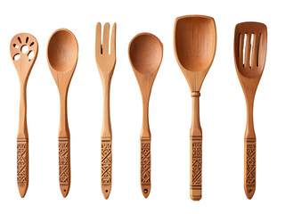 Flat lay of six intricately carved light brown wooden kitchen utensils against a black background a slotted spoon a carved serving spoon a... isolated on a transparent background