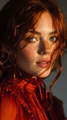 Fashion Photography.Close-up of a woman with vibrant red hair and fair skin, accentuated by freckles and delicate features, in soft lighting.