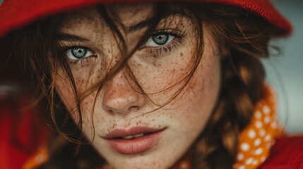 Fashion Photography.Close-up portrait of a freckled woman with striking blue eyes and auburn hair wearing a red head covering and looking directly at the camera.