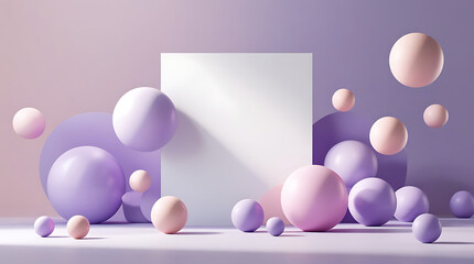 Minimalist 3D pastel abstract background with floating soft spheres in lavender and pink on the sides, clean white space in the center for typography, soft shadows, gradient background, 