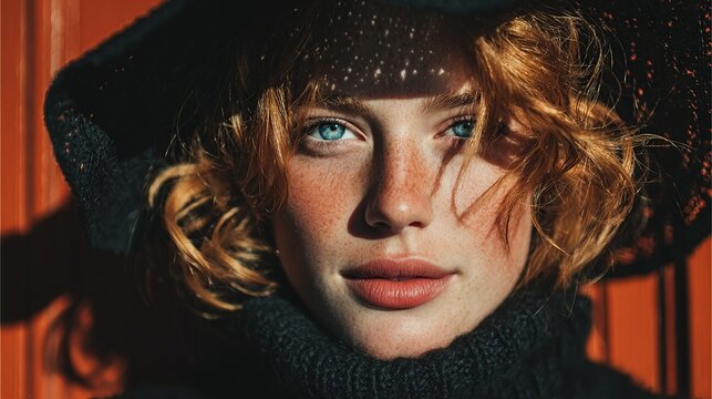 Fashion Photography.Portrait of a striking young woman with red hair, bright blue eyes and freckles wearing a black hat and black sweater in a natural light setting.