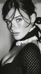 Fashion Photography.Monochrome portrait of a woman with freckles, fair skin and dark hair pulled back, gazing directly at the viewer in a studio setting.
