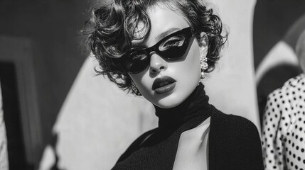 Fashion Photography.Stylish woman with sunglasses, curly hair, turtleneck sweater, and pearl earrings in black and white photography. Retro-inspired fashion.