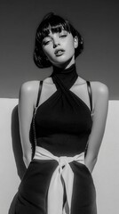 Fashion Photography.Monochrome portrait of a stylish woman in an elegant dress, emphasizing a classic and timeless aesthetic. Focused on beauty and fashion.