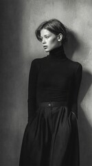 Fashion Photography.Elegant monochrome studio portrait of a stylish woman in dark attire against a textured wall, exuding sophistication and classic beauty.
