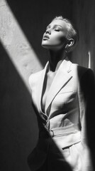 Fashion Photography.Elegant woman in a suit basking in a ray of light, artistic monochrome portrait evoking sophistication and serene beauty.
