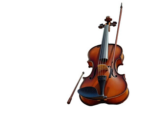 Fototapeta premium Weathered Antique Violin with Bow, Showing Rich Brown Varnish and Dark Wood Accents isolated on a transparent background