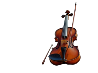 Weathered Antique Violin with Bow, Showing Rich Brown Varnish and Dark Wood Accents isolated on a transparent background