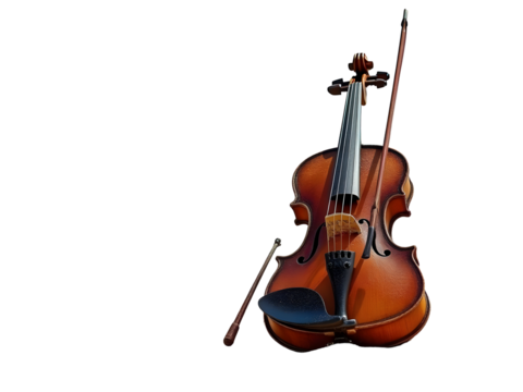Weathered Antique Violin with Bow, Showing Rich Brown Varnish and Dark Wood Accents isolated on a transparent background