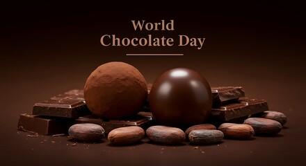 Two decadent chocolate truffles and a stack of dark chocolate bars sit on a bed of cocoa beans against a dark brown background, a perfect image for world chocolate day