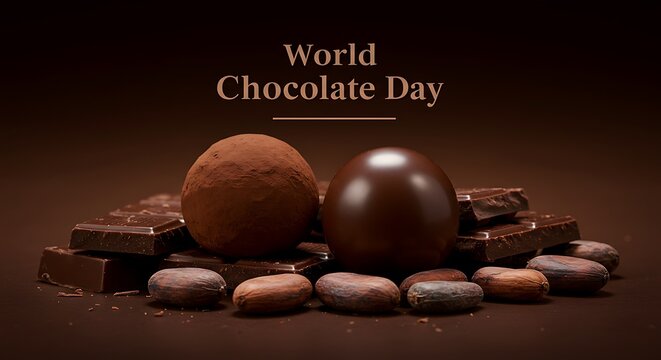 Two decadent chocolate truffles and a stack of dark chocolate bars sit on a bed of cocoa beans against a dark brown background, a perfect image for world chocolate day