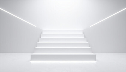 Showroom with stairs in empty space of white throughout.