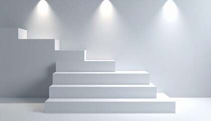 Showroom with stairs in empty space of white throughout.