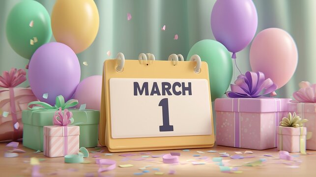 A calendar showing march first surrounded by gifts and balloons in pastel colors and confetti