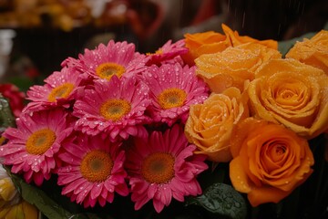 Vibrant pink daisies and orange roses, fresh blooms
