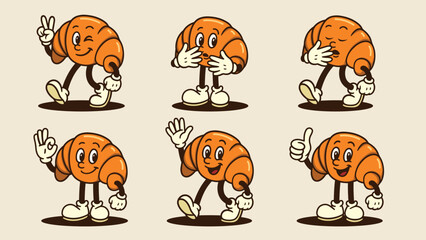 Cute Croissant Cartoon Character Set with Different Expressions and Gestures.eps