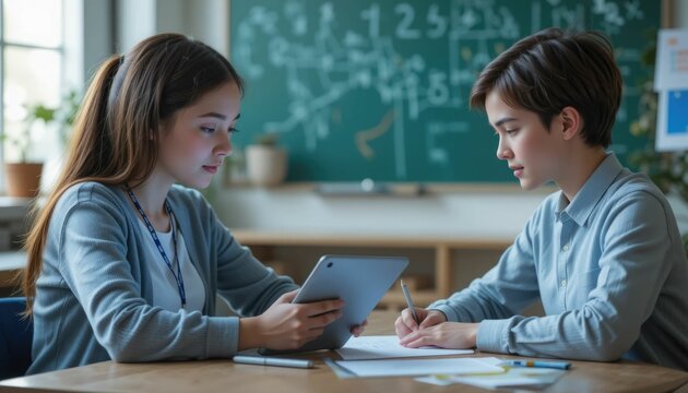 AI assistant helping a student with math homework on a tablet using real-time problem-solving and interactive visuals