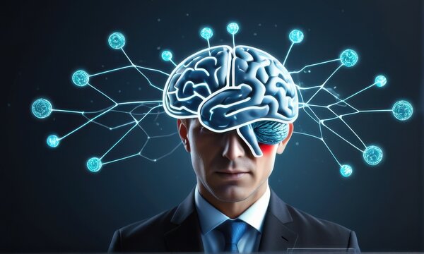 Digital Brain Overlay on Businessman in Dark Suit