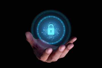 Cybersecurity and privacy concepts to protect data. Businessman showing padlock guard on computer virtual screen. cyber crime, hacker, database. privacy concept.