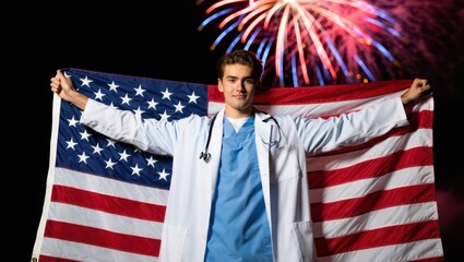 A Proud Medical Professional Celebrating Independence Day with an American Flag Against a Festive Fireworks Backdrop