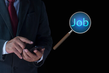 Man's hands are using a smartphone to searching for Job information. Data Search Technology, Search Engine Optimization.