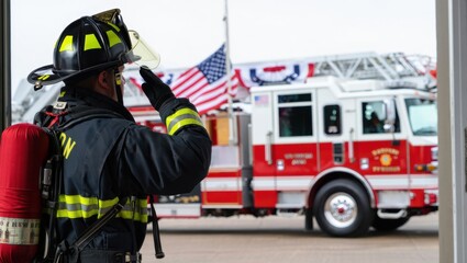 Obraz premium Dedicated Firefighter Saluting While Honoring Service and Sacrifice Amidst a Fire Truck Displaying Patriotism and Unity